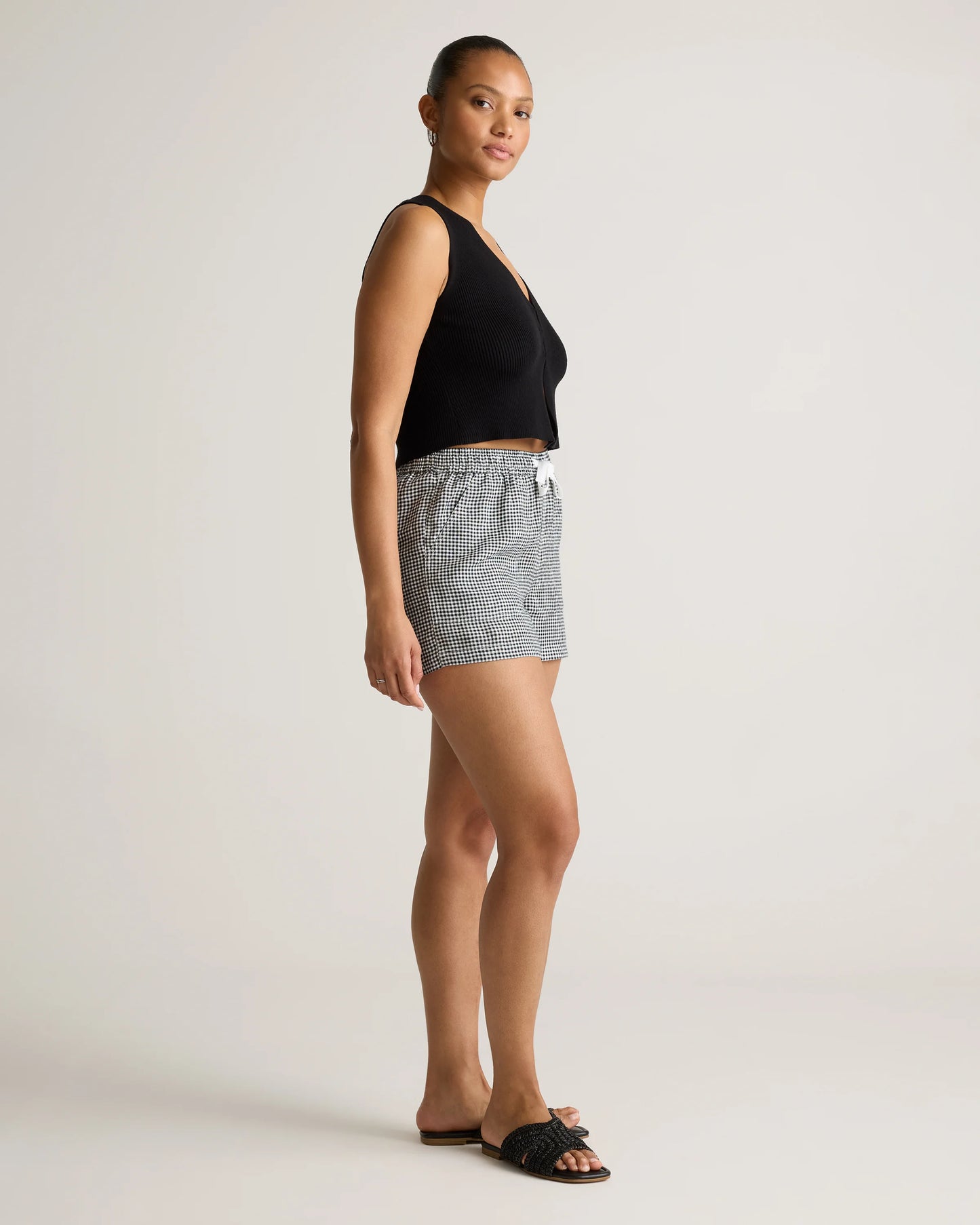 100% European Linen Shorts - XS / Taupe Brown Gingham