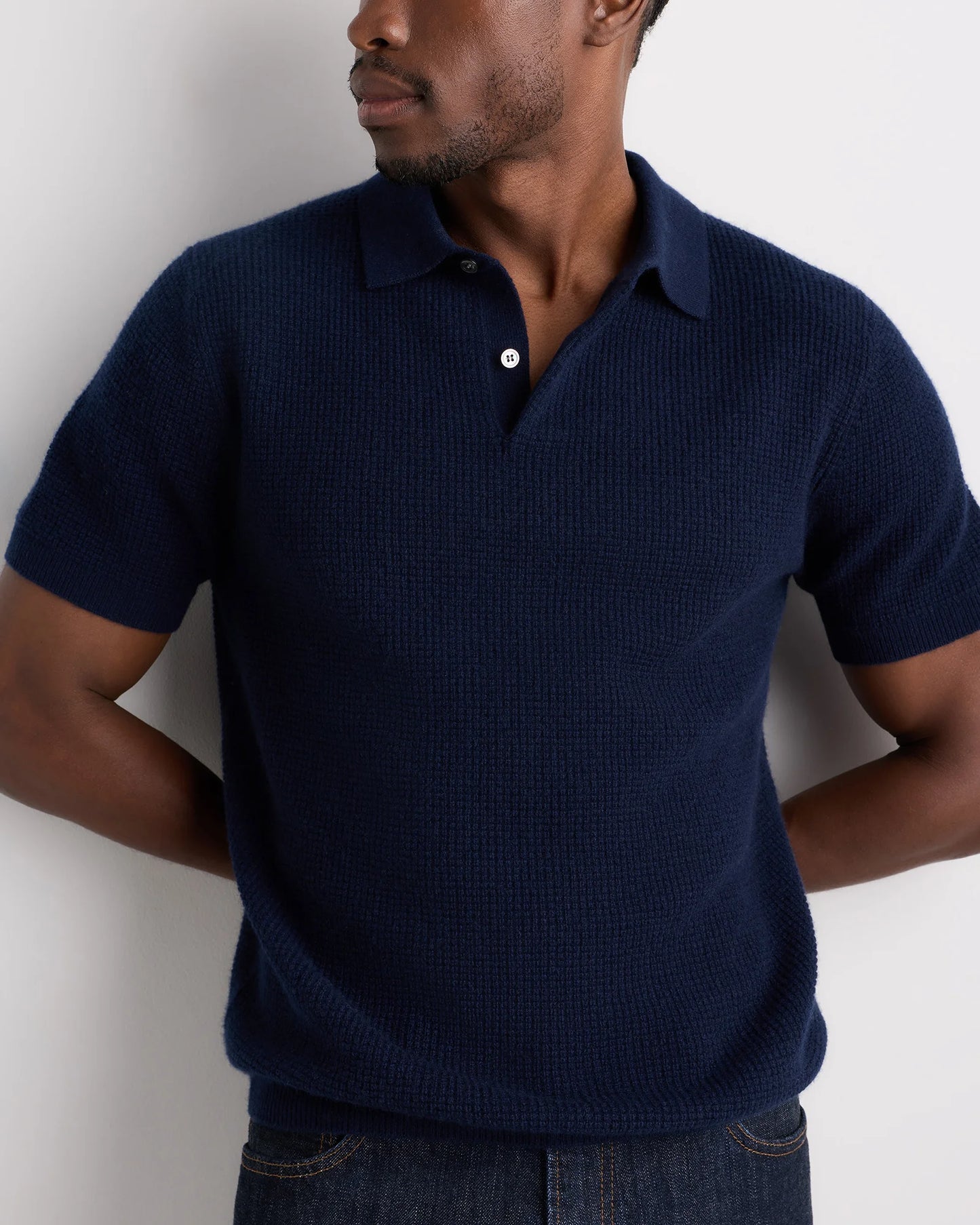 Mongolian Cashmere Waffle Short Sleeve Polo Sweater - S / True Navy