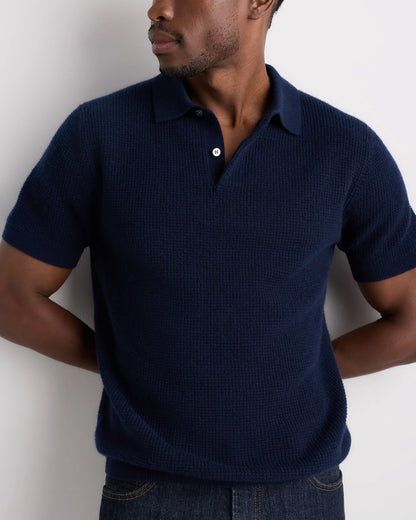 Mongolian Cashmere Waffle Short Sleeve Polo Sweater - S / True Navy
