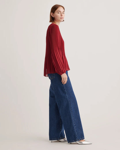 Chiffon Pleated V-Neck Blouse - XS / Bright Burgundy