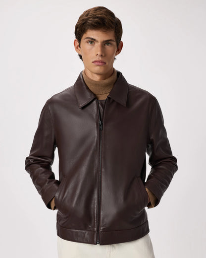 100% Leather Harrington Jacket - S / Dark Cognac Brown