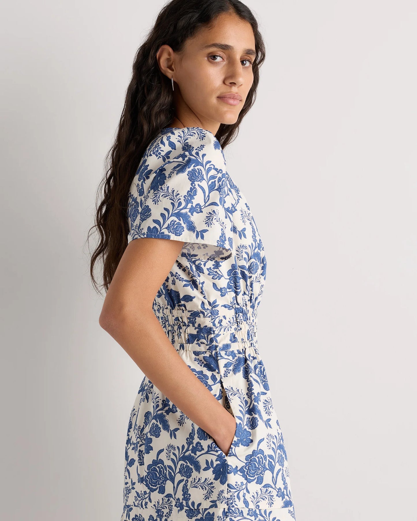 100% Organic Cotton Poplin Tiered Mini Dress - XS / Riviera Blue Heirloom Floral