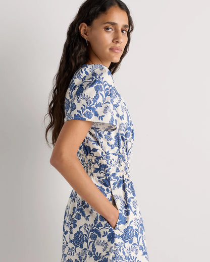 100% Organic Cotton Poplin Tiered Mini Dress - XS / Riviera Blue Heirloom Floral