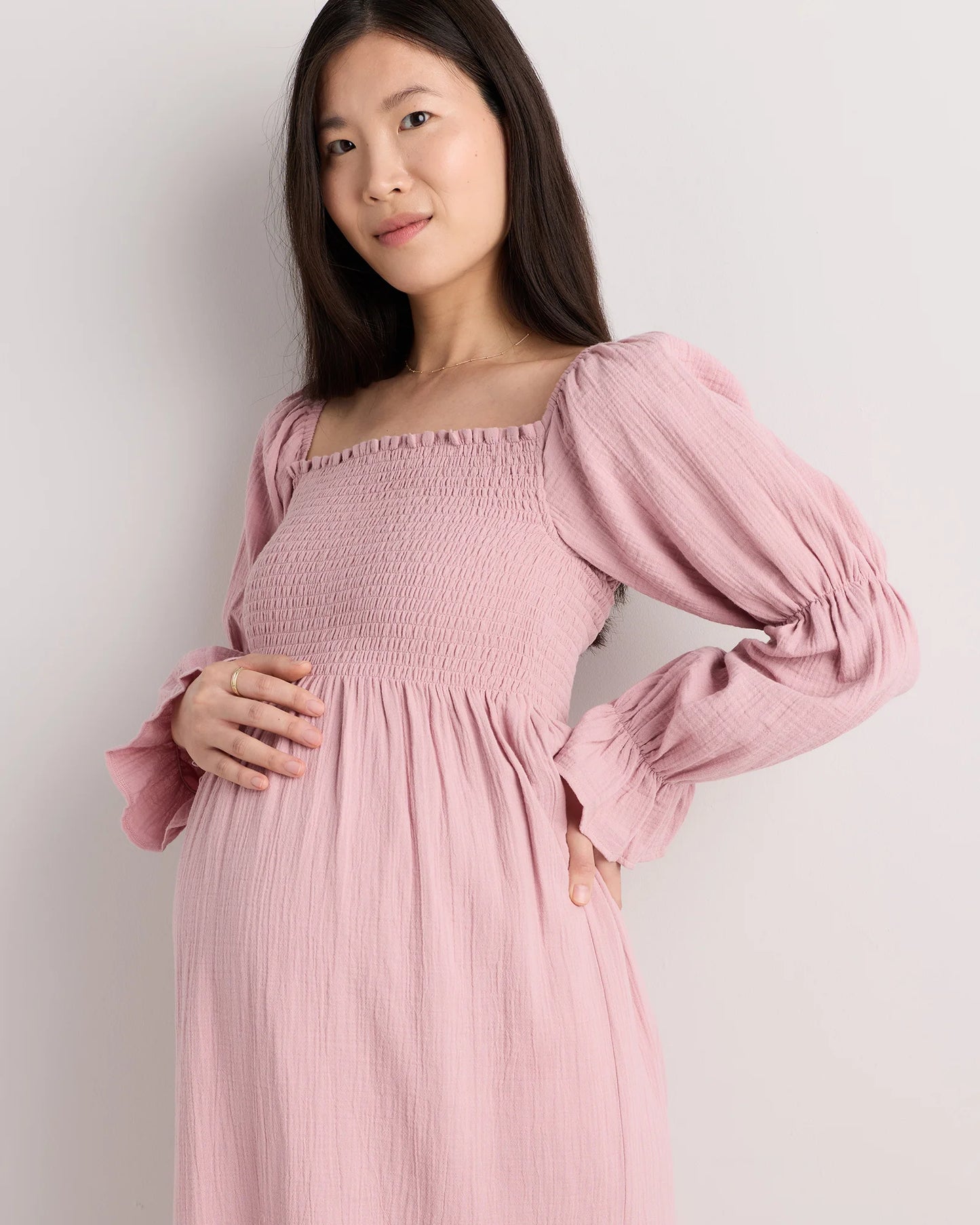 100% Organic Cotton Gauze Maternity Smocked Midi Dress - XS / Wild Cherry