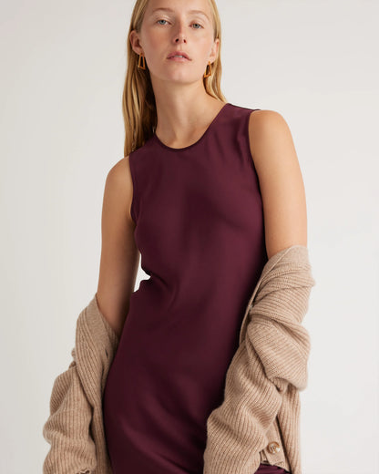 Washable Stretch Silk Tank Midi Dress - XS / Cordovan Red Hibiscus