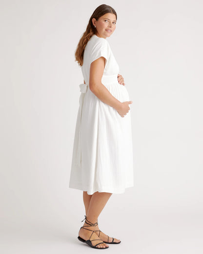 Organic Cotton Gauze Maternity Midi Dress - XS / White