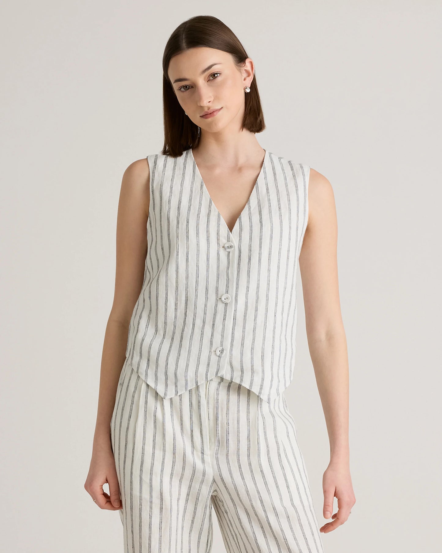 100% European Linen Vest - XS / Blue Pinstripe