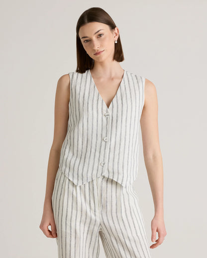 100% European Linen Vest - XS / Blue Pinstripe