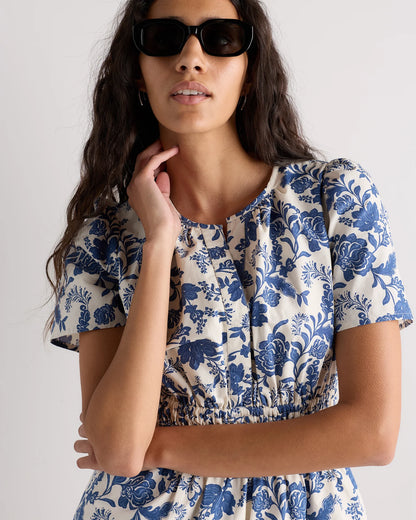 100% Organic Cotton Poplin Tiered Mini Dress - XS / Riviera Blue Heirloom Floral