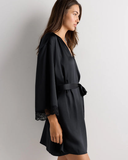 100% Washable Silk Satin Lace Trim Robe - XS / Black