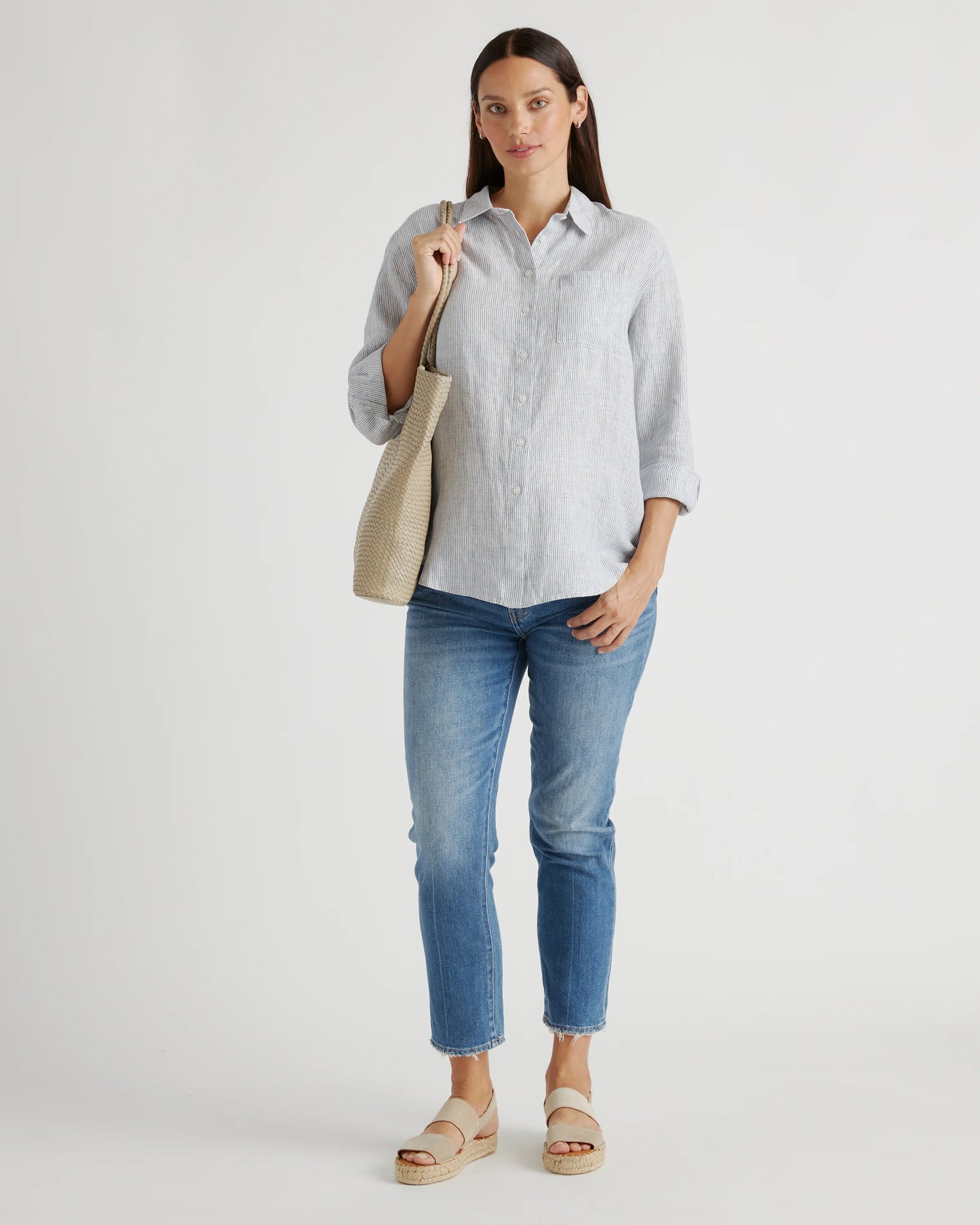 100% European Linen Maternity Long Sleeve Shirt - XS / Blue Pinstripe