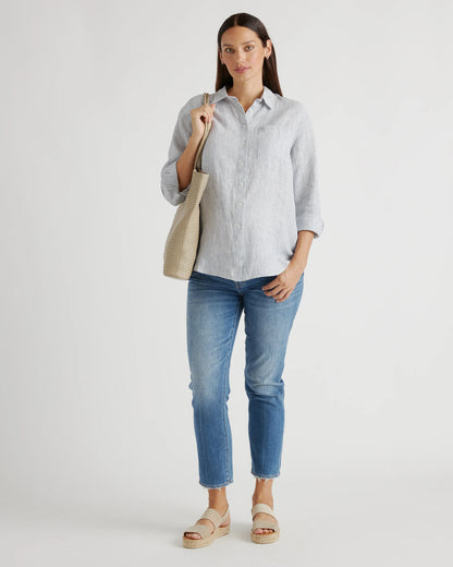 100% European Linen Maternity Long Sleeve Shirt - XS / Blue Pinstripe