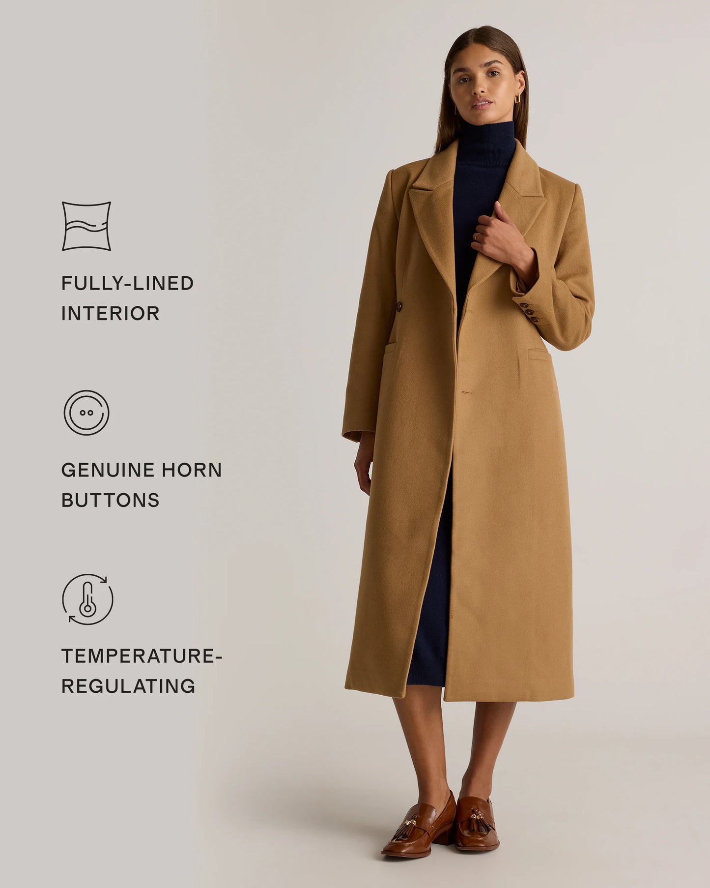 Italian Wool Tailored Long Coat - XS / Caramel