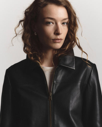100% Leather Cropped Zip-Front Jacket - XS / True Black