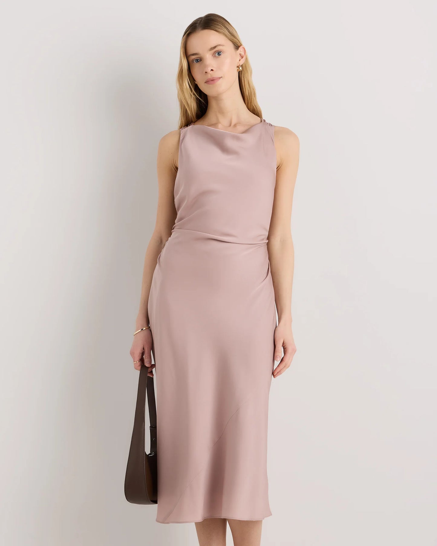 Washable Stretch Silk High Neck Midi Dress - XS / Vintage Navy Roses