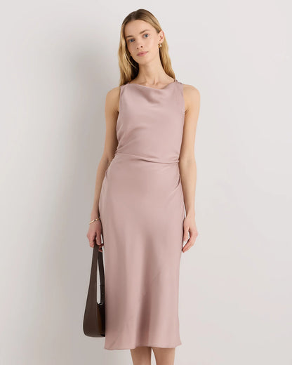Washable Stretch Silk High Neck Midi Dress - XS / Vintage Navy Roses
