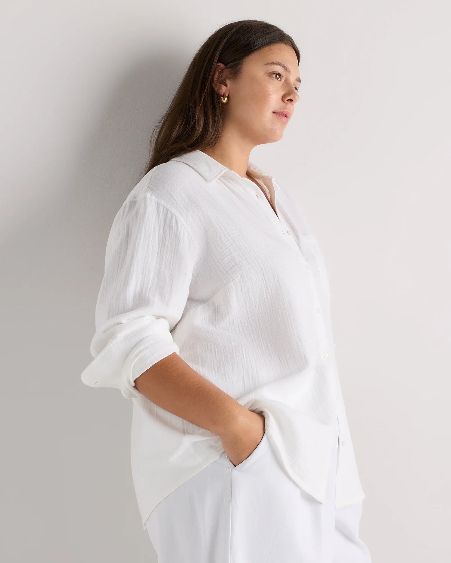 100% Organic Cotton Gauze Long Sleeve Shirt - 1X / White