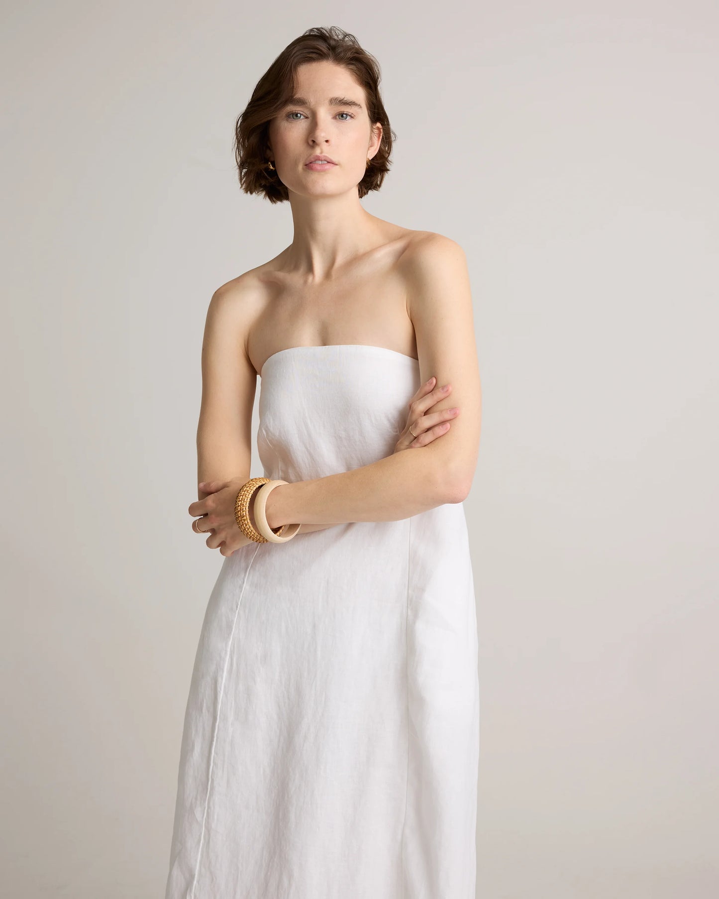 100% European Linen Strapless Maxi Dress - XS / Brick Red Heirloom Floral