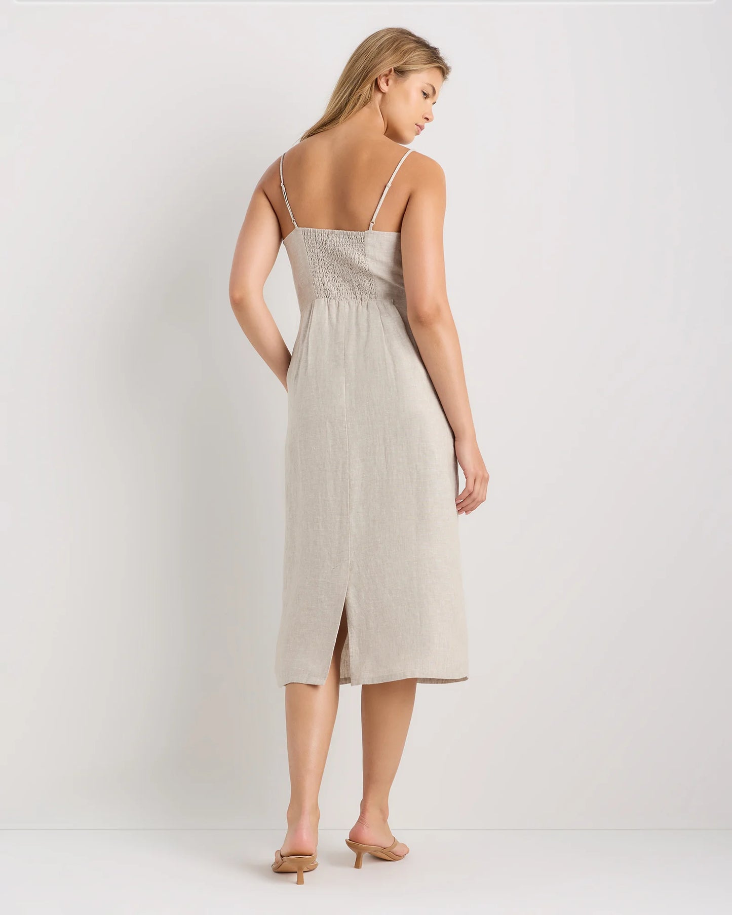 100% European Linen Scoop Neck Midi Dress - XS / Ivory Porcelain Blue Petite Floral
