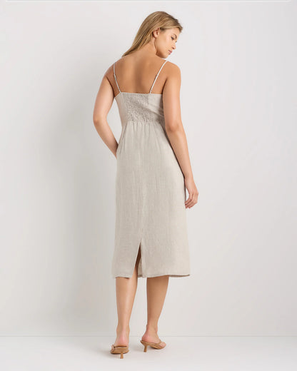 100% European Linen Scoop Neck Midi Dress - XS / Ivory Porcelain Blue Petite Floral