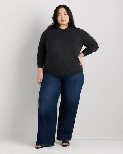 Lightweight Cotton Cashmere Crew Sweater - 1X / Black
