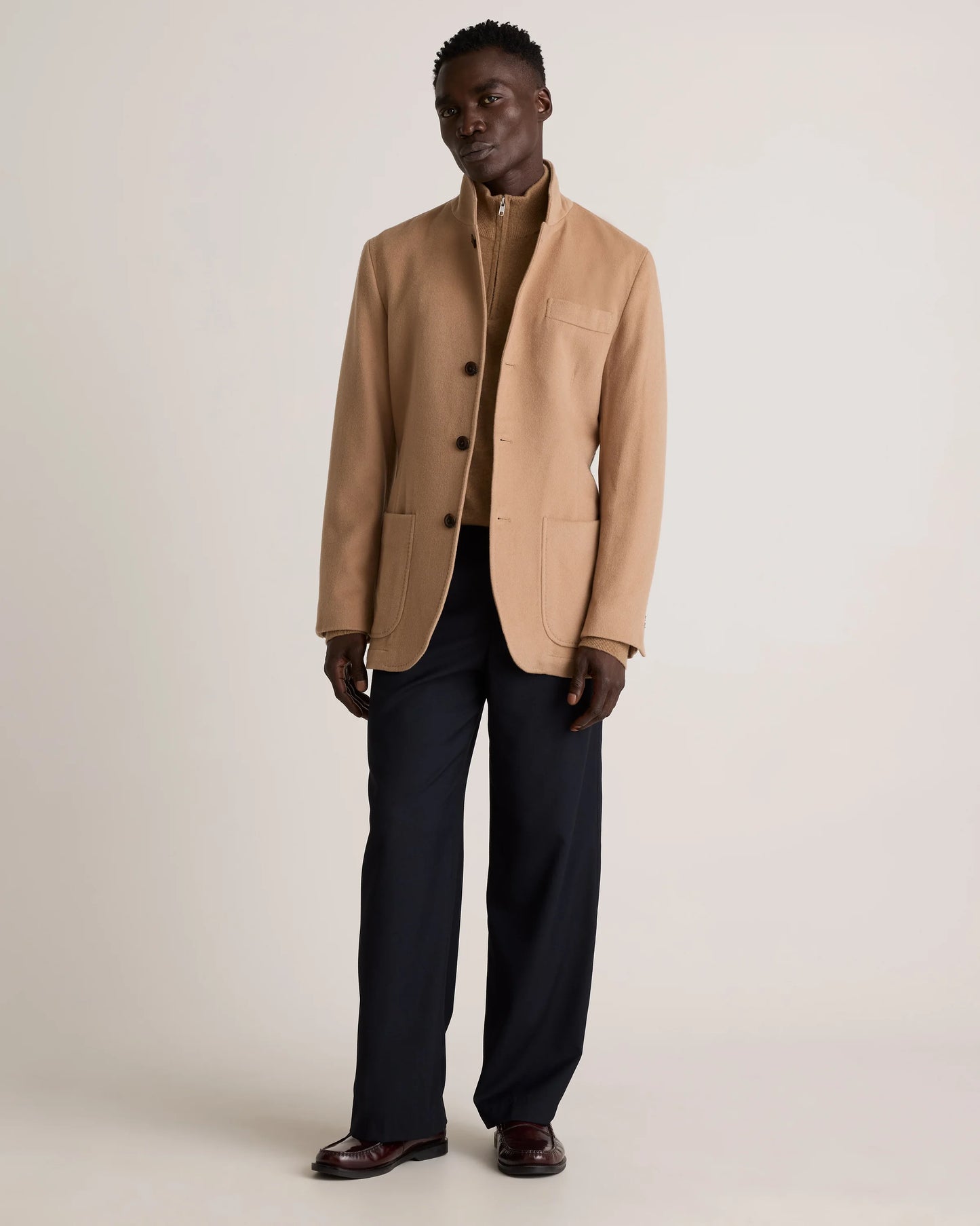100% Mongolian Cashmere Stand Collar Blazer - S / Camel