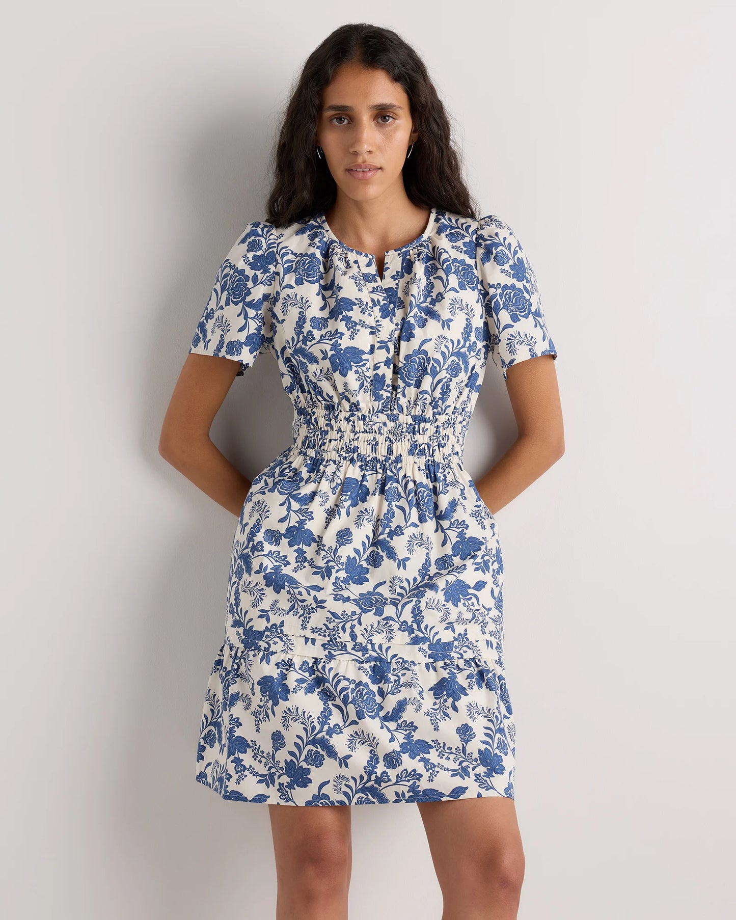 100% Organic Cotton Poplin Tiered Mini Dress - XS / Riviera Blue Heirloom Floral