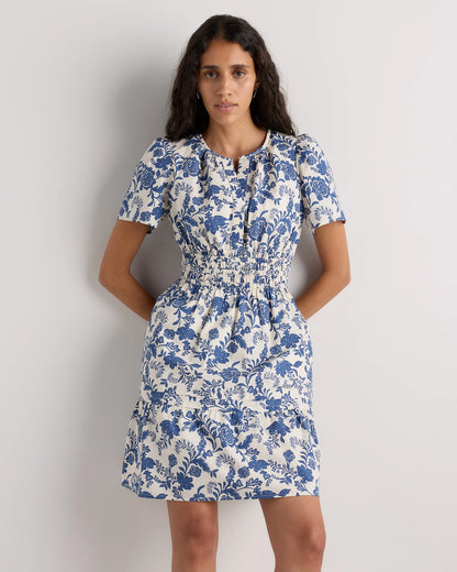 100% Organic Cotton Poplin Tiered Mini Dress - XS / Riviera Blue Heirloom Floral