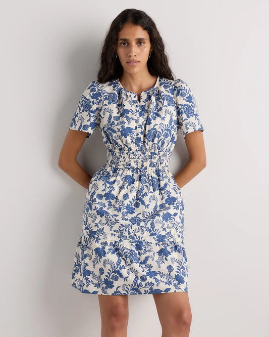 100% Organic Cotton Poplin Tiered Mini Dress - XS / Riviera Blue Heirloom Floral