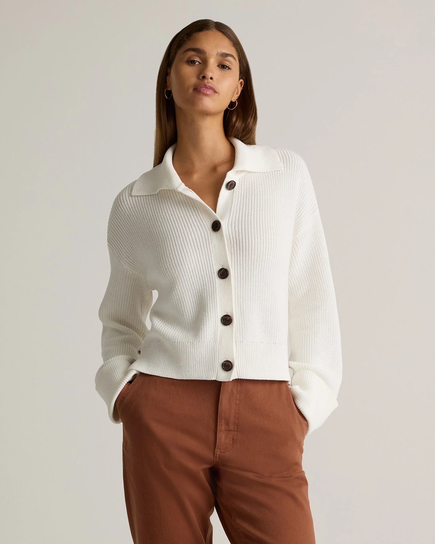 100% Organic Cotton Fisherman Collared Cardigan - XS / Heather Dove Grey