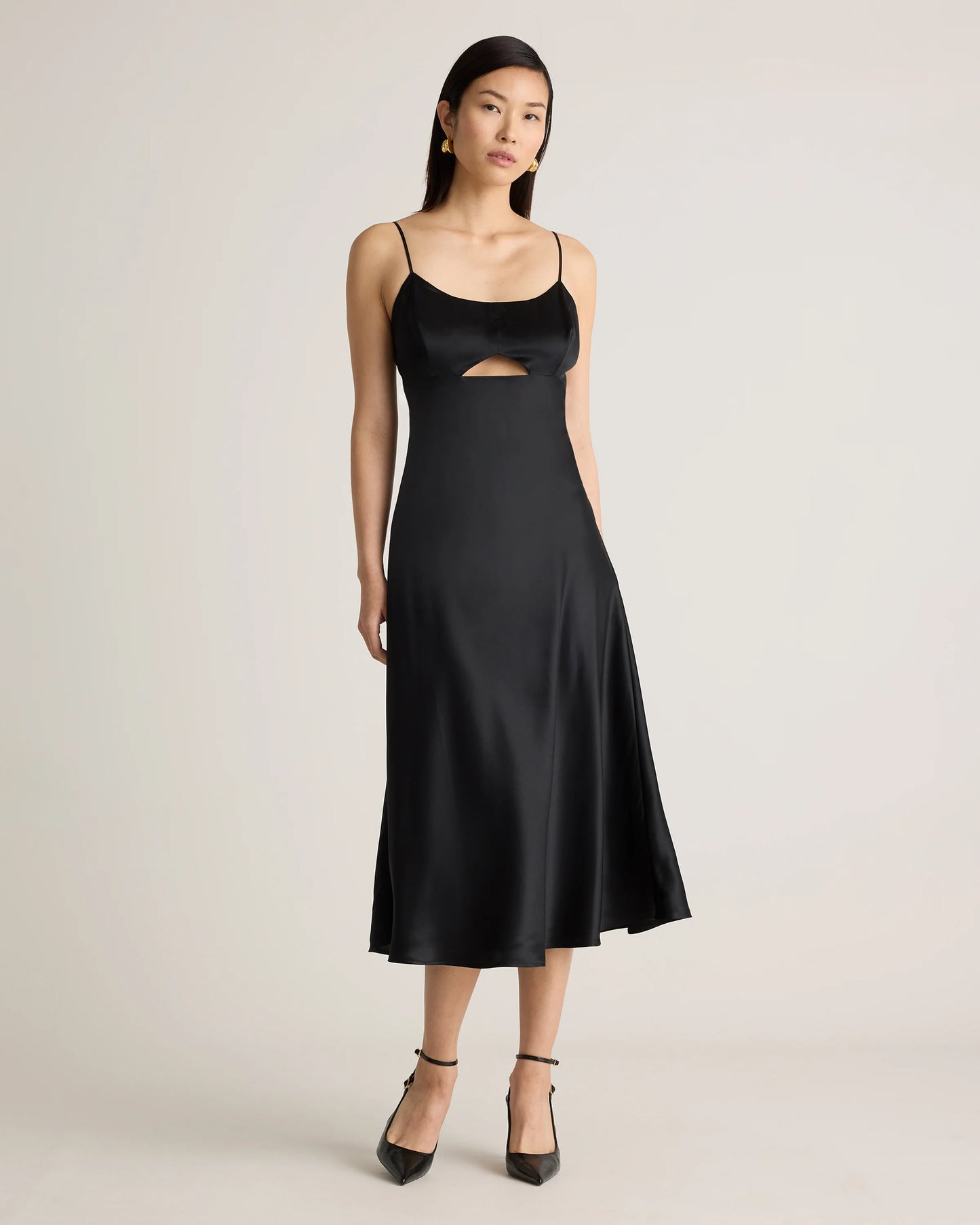 100% Washable Silk Cutout Midi Slip Dress - XS / Black