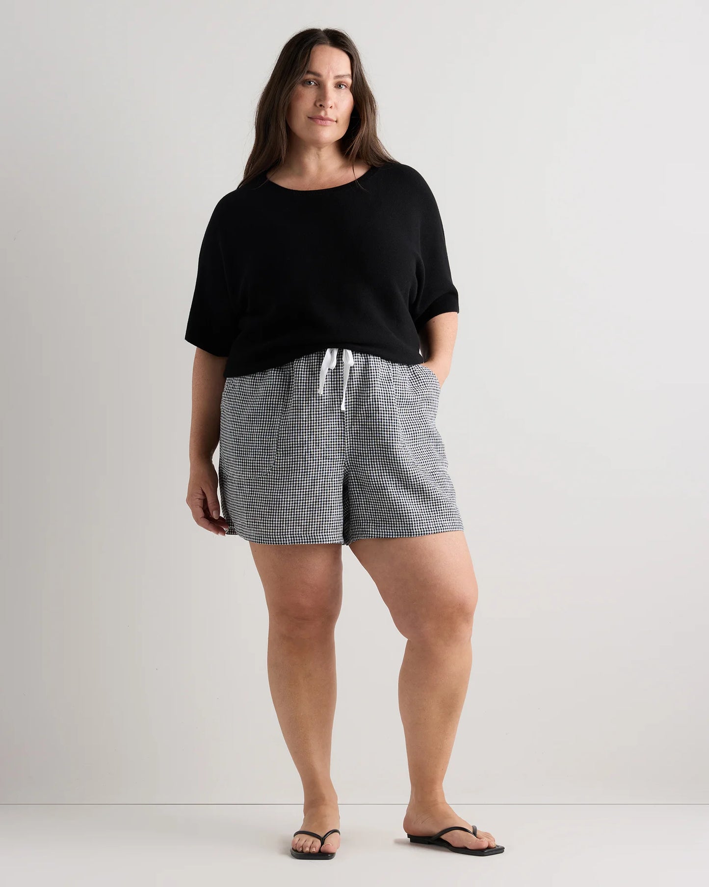 100% European Linen Shorts - 1X / Classic Mini Gingham