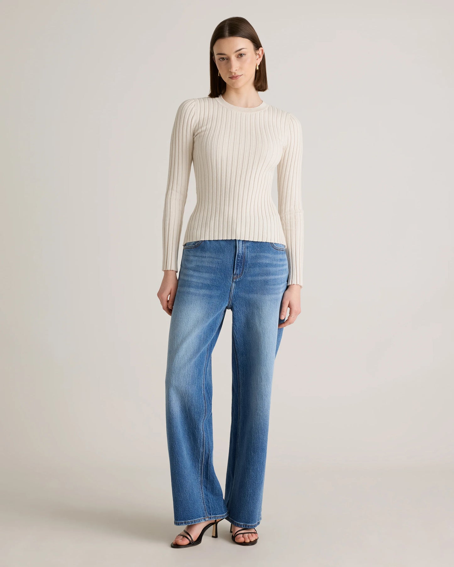 Cotton Cashmere Ribbed Long Sleeve Sweater - XS / Sugar Stone