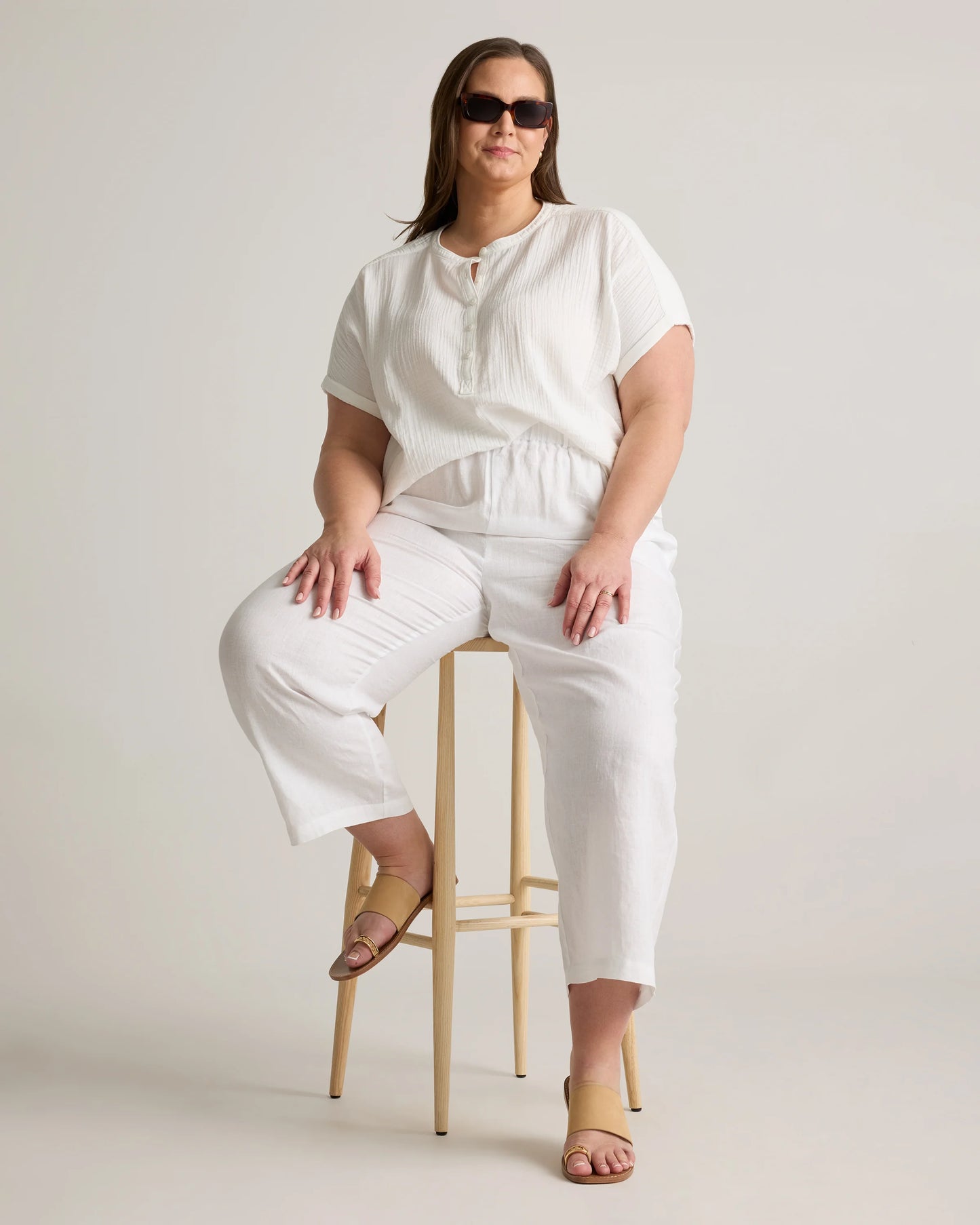 100% Organic Cotton Gauze Roll Sleeve Shirt - 1X / White