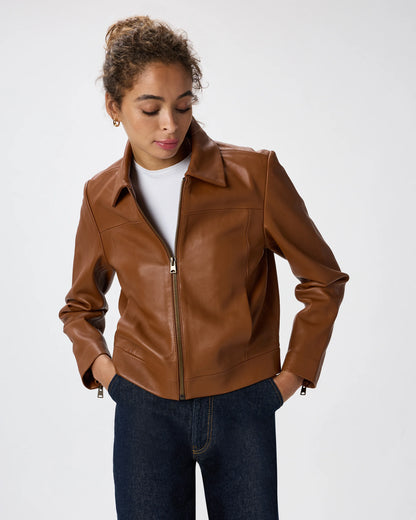 100% Leather Cropped Zip-Front Jacket - XS / True Black