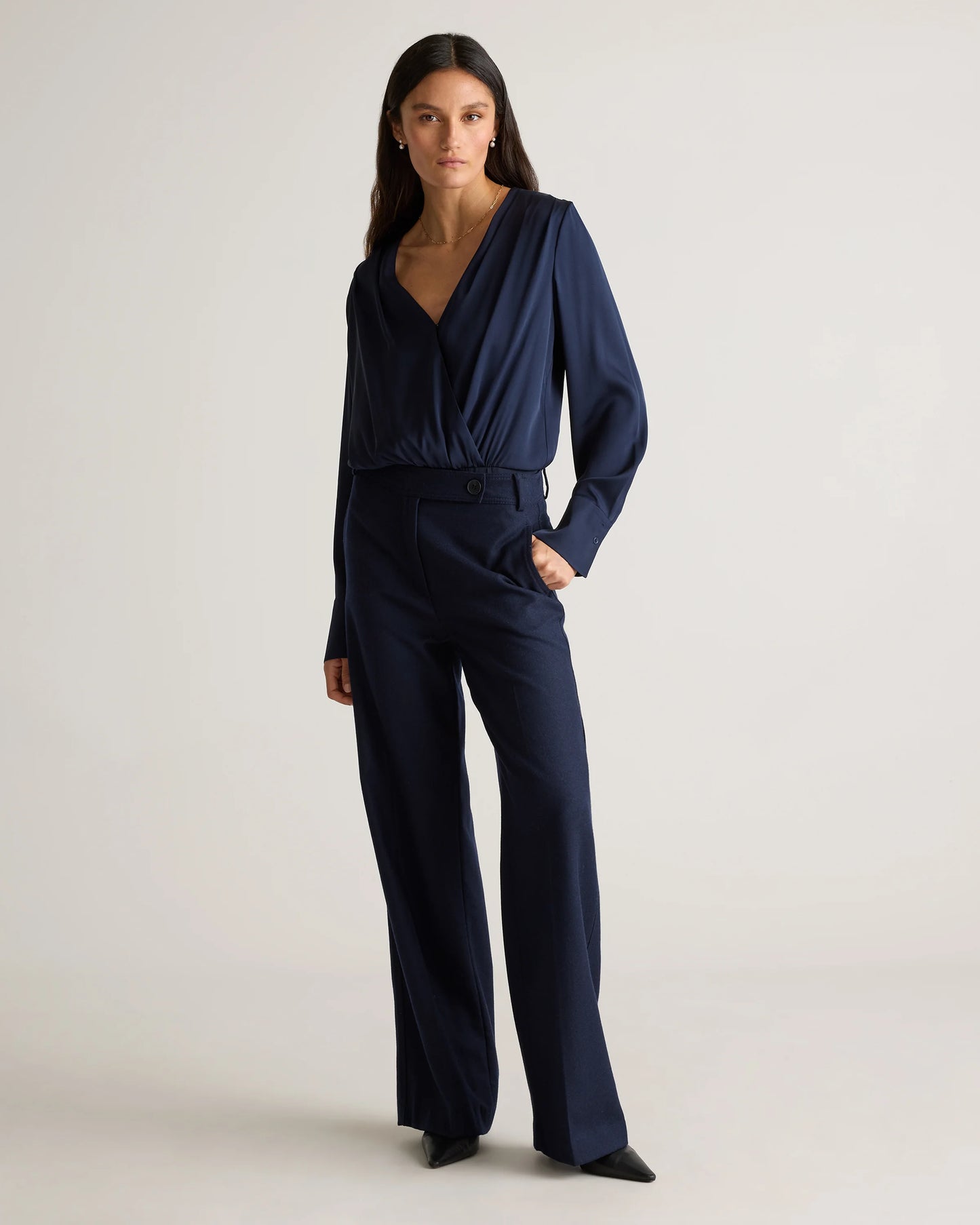 Washable Stretch Silk Surplice Bodysuit - XS / Moonstone Blue