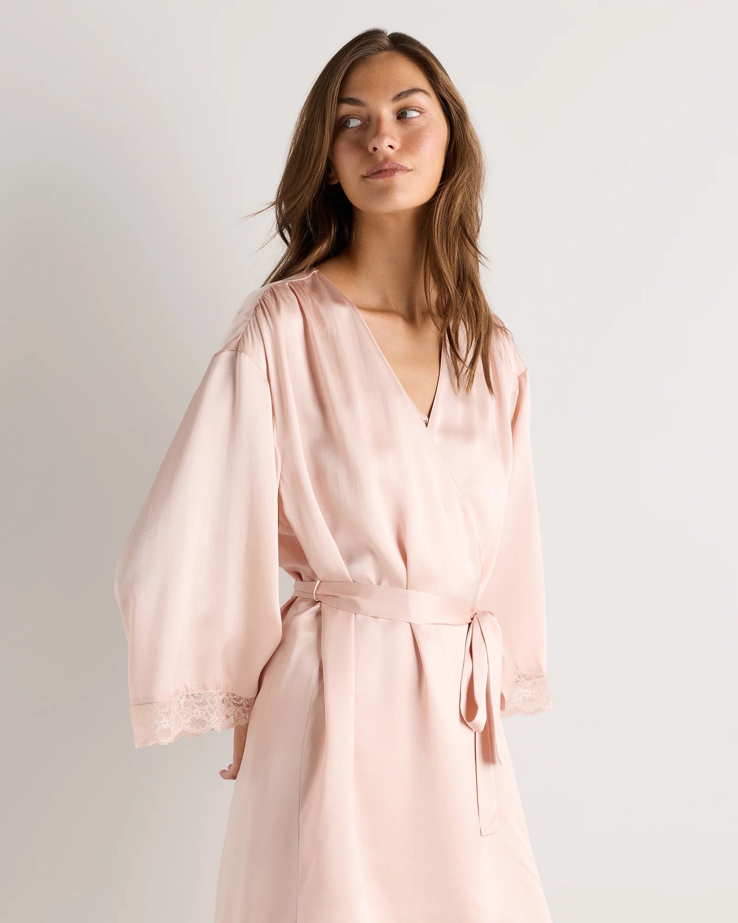 100% Washable Silk Satin Lace Trim Robe - XS / Black