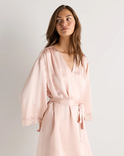 100% Washable Silk Satin Lace Trim Robe - XS / Black