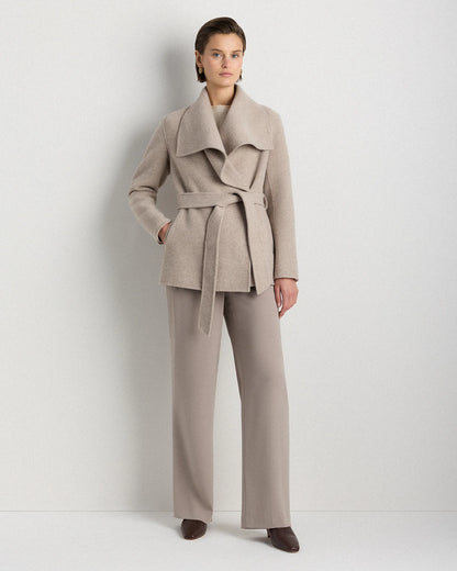 Double-Faced Merino Wool Draped Collar Short Wrap Coat - XS / Cocoa Melange
