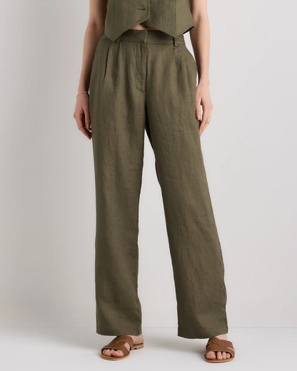 100% European Linen Pleated Trouser - 0 / Bayberry Olive