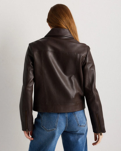 100% Leather Cropped Zip-Front Jacket - XS / True Black