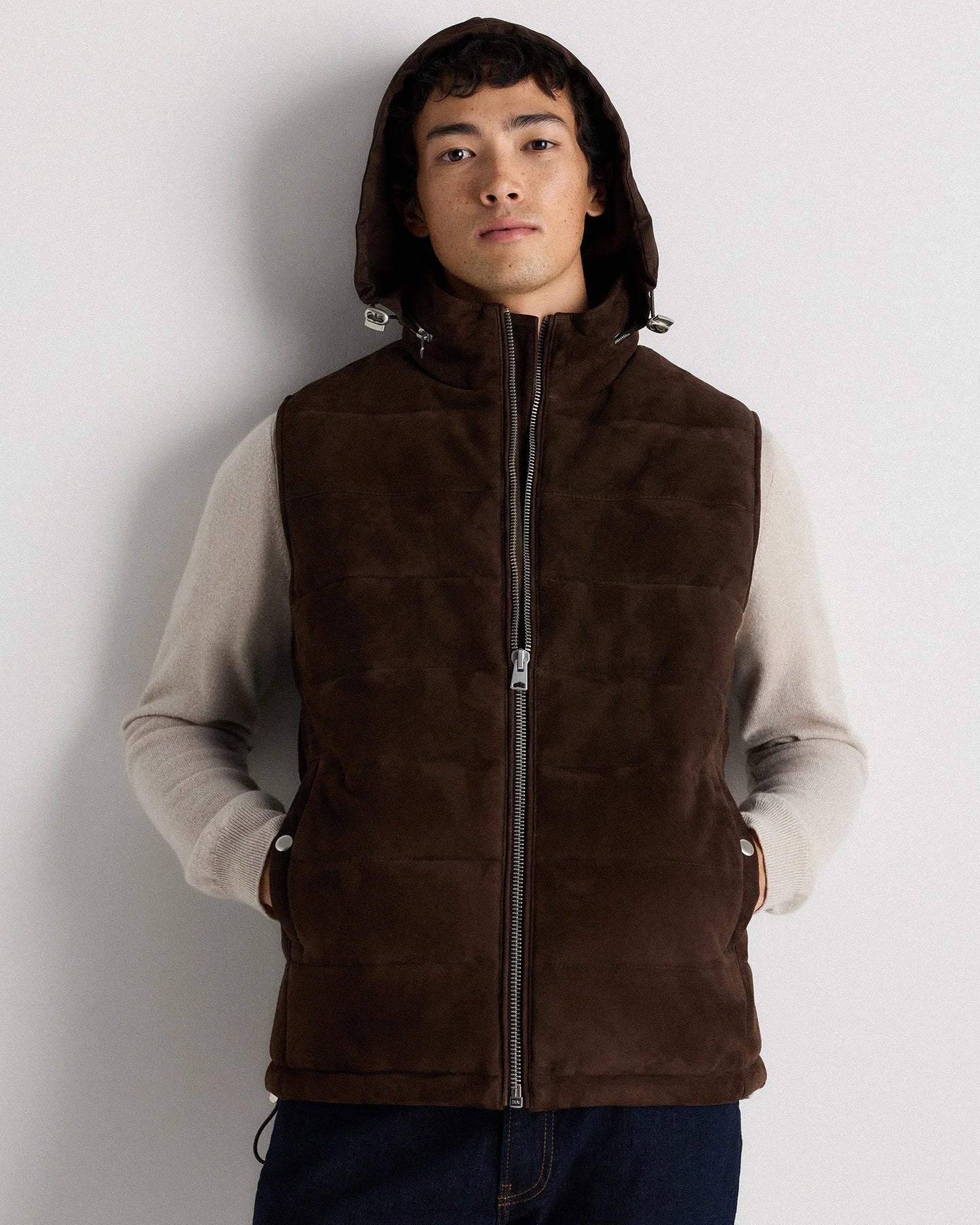 100% Suede Puffer Vest - S / Charcoal Black