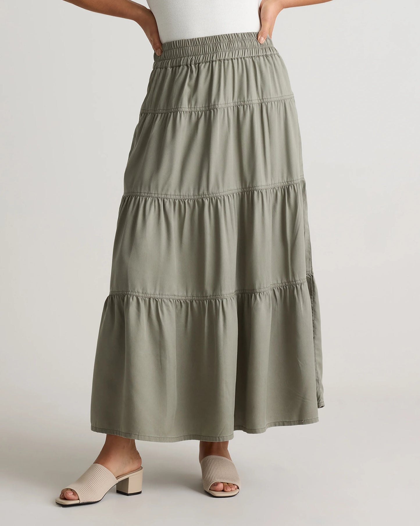 Vintage Wash Tencel Tiered Maxi Skirt - XS / Olive