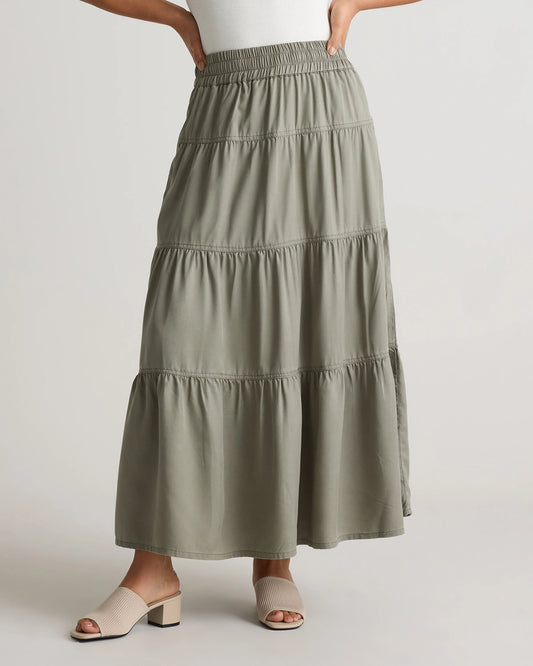 Vintage Wash Tencel Tiered Maxi Skirt - XS / Olive