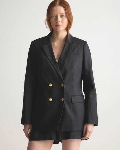 100% European Linen Relaxed Double-Breasted Blazer - XS / Blue Pinstripe