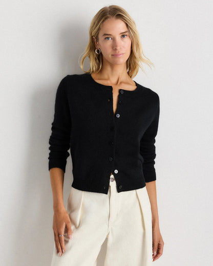 Mongolian Cashmere Cropped Crew Cardigan - XS / Heather Vintage Pink / Brown Variegated Stripe