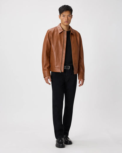 100% Leather Harrington Jacket - S / Dark Cognac Brown