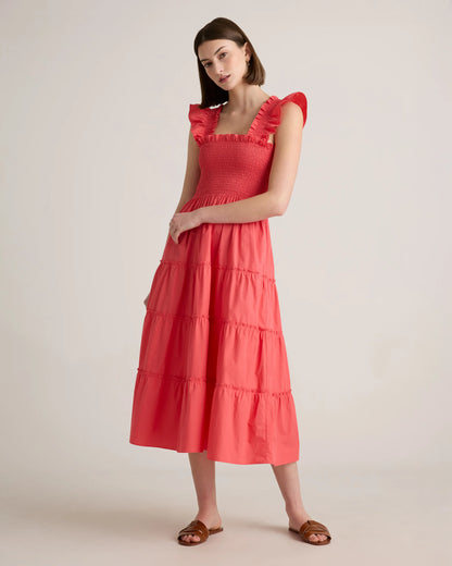 100% Organic Cotton Poplin Smocked Midi Dress - XS / Riviera Blue Heirloom Floral