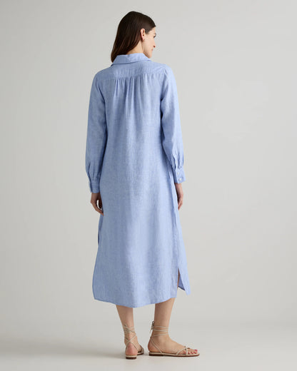 100% European Linen Popover Maxi Dress - XS / Blue Pinstripe