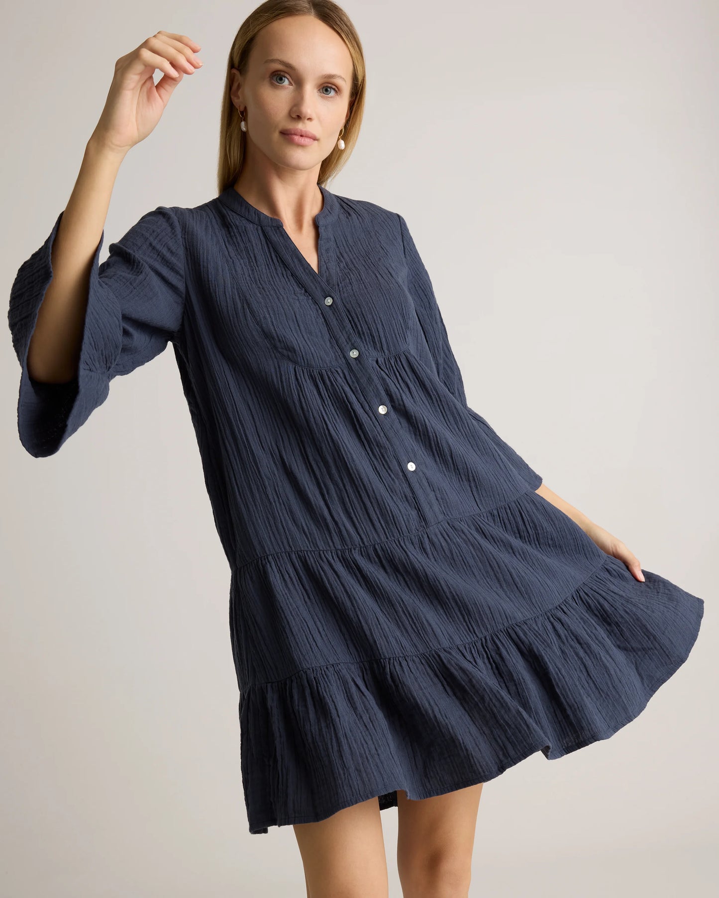 100% Organic Cotton Gauze Long Sleeve Tiered Mini Dress - XS / Amaranth Pink